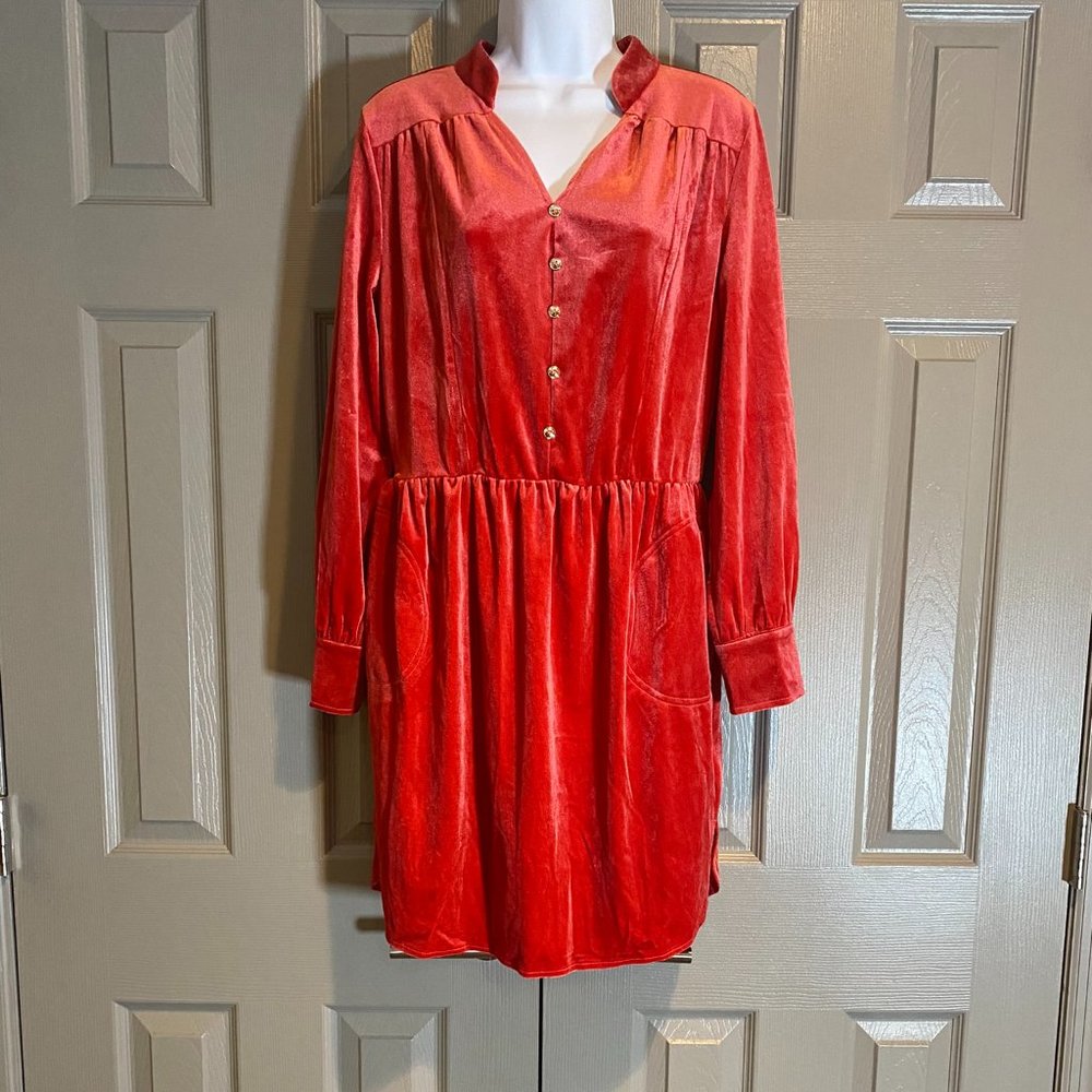 Coral/Orange Long Sleeve Velvet Mini Dress with pockets